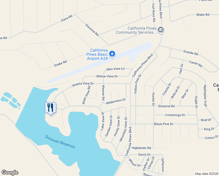 map of restaurants, bars, coffee shops, grocery stores, and more near Cedar View Circle in California Pines