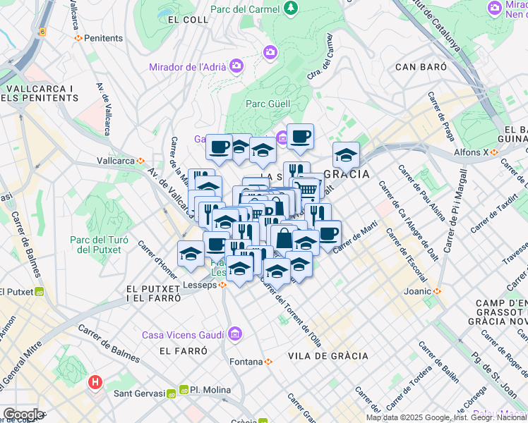 map of restaurants, bars, coffee shops, grocery stores, and more near 50 Carrer Maignon in Barcelona