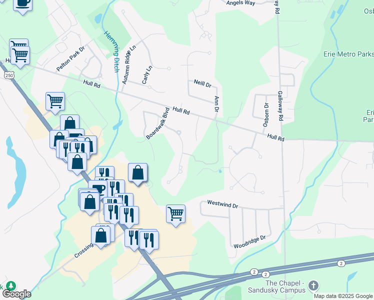 map of restaurants, bars, coffee shops, grocery stores, and more near 2201 Patrick Drive in Sandusky
