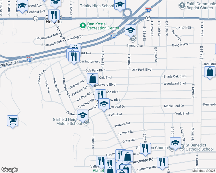 map of restaurants, bars, coffee shops, grocery stores, and more near 12313 Eastwood Boulevard in Garfield Heights