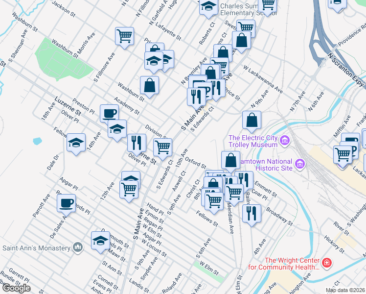 map of restaurants, bars, coffee shops, grocery stores, and more near 244 10th Avenue in Scranton