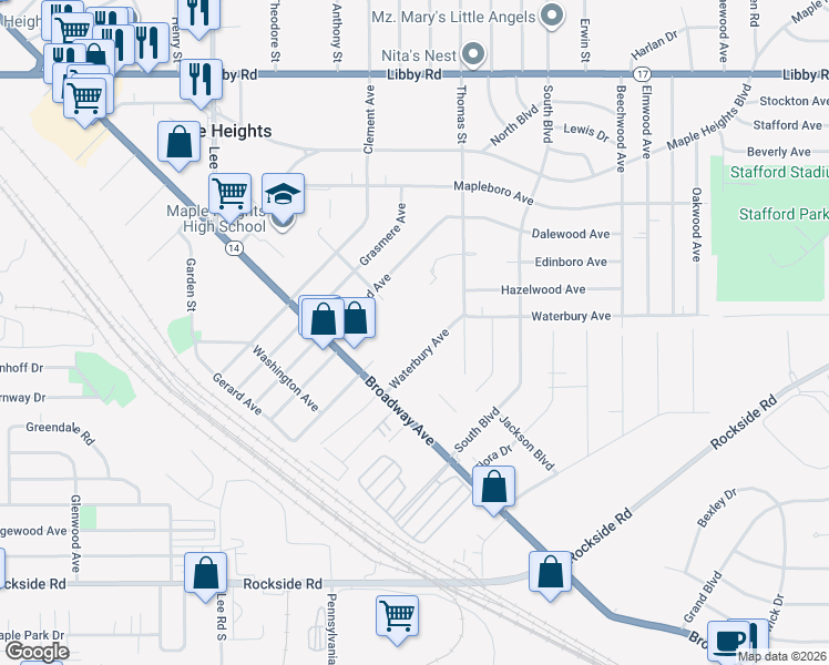 map of restaurants, bars, coffee shops, grocery stores, and more near in Maple Heights