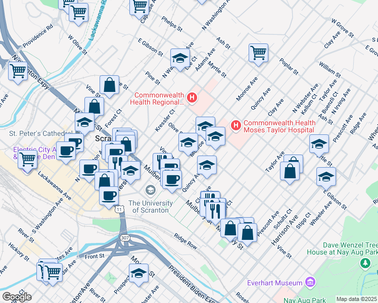 map of restaurants, bars, coffee shops, grocery stores, and more near 520 Monroe Avenue in Scranton