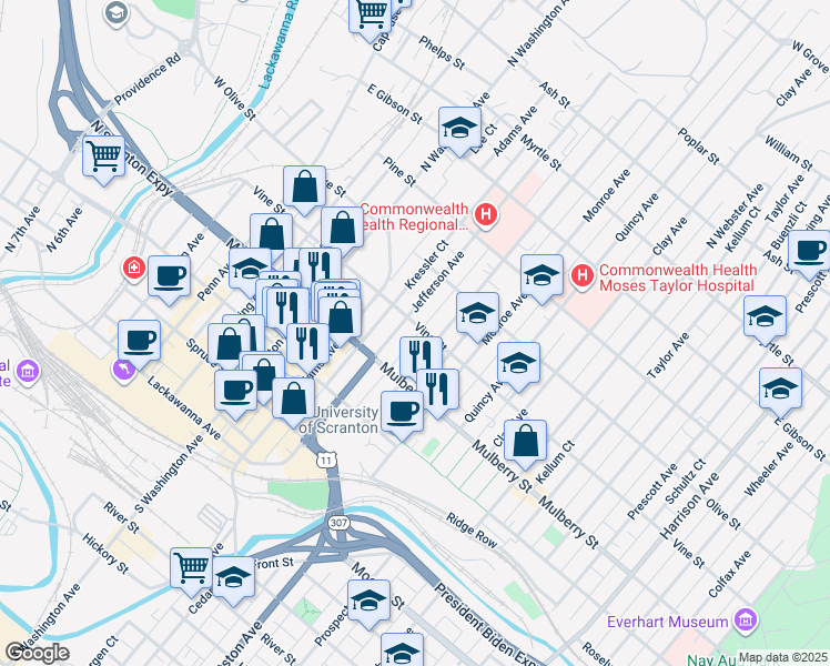 map of restaurants, bars, coffee shops, grocery stores, and more near 427 Madison Avenue in Scranton