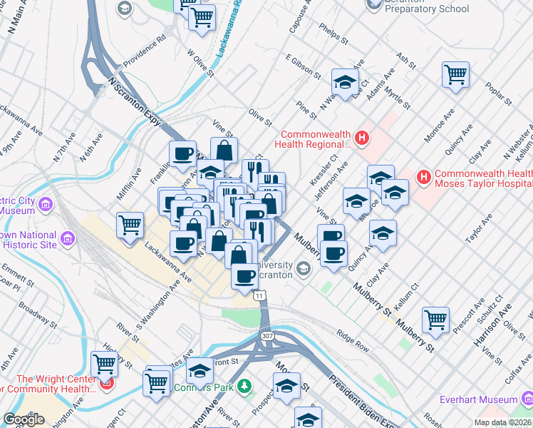 map of restaurants, bars, coffee shops, grocery stores, and more near 336 Adams Avenue in Scranton