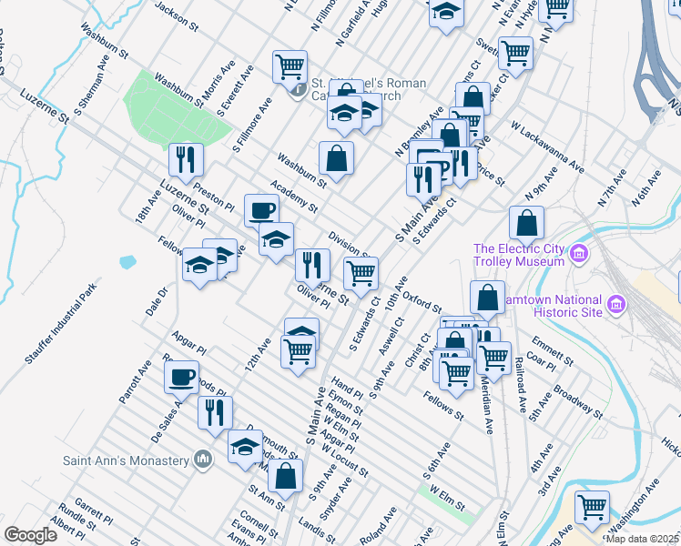 map of restaurants, bars, coffee shops, grocery stores, and more near 1134 Luzerne Street in Scranton