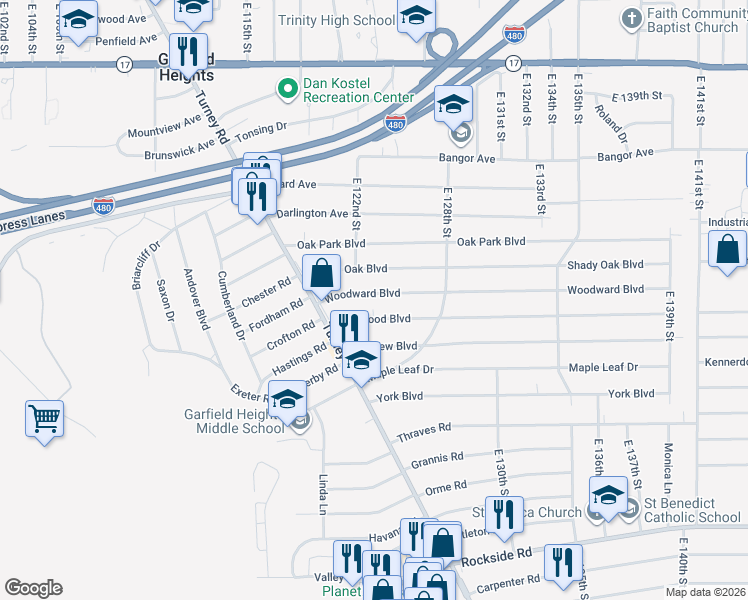 map of restaurants, bars, coffee shops, grocery stores, and more near 12313 Eastwood Boulevard in Garfield Heights