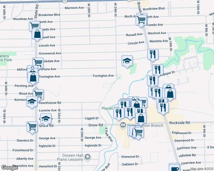 map of restaurants, bars, coffee shops, grocery stores, and more near 5634 South Park Boulevard in Parma