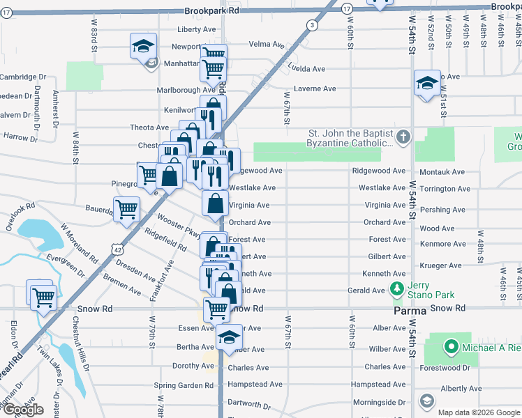 map of restaurants, bars, coffee shops, grocery stores, and more near 6902 Orchard Avenue in Parma