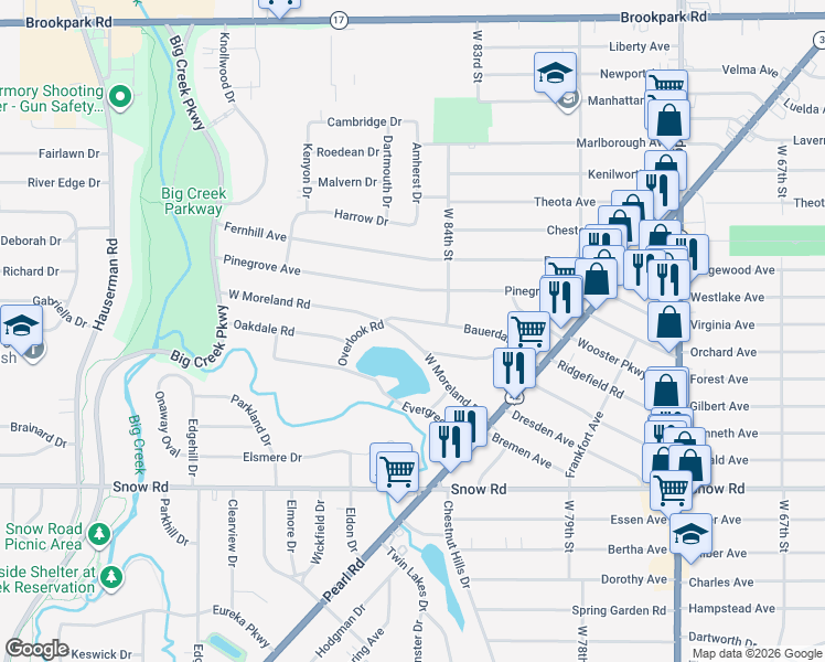 map of restaurants, bars, coffee shops, grocery stores, and more near 8711 West Moreland Road in Parma