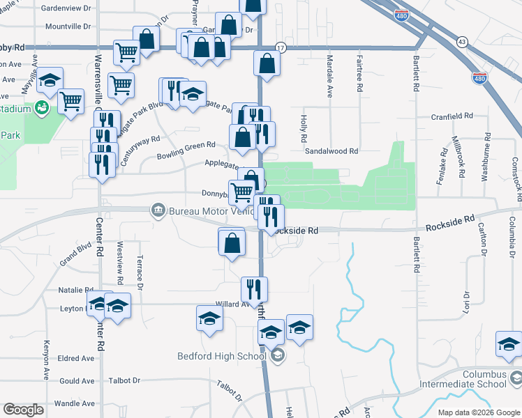 map of restaurants, bars, coffee shops, grocery stores, and more near 5505 Northfield Road in Maple Heights