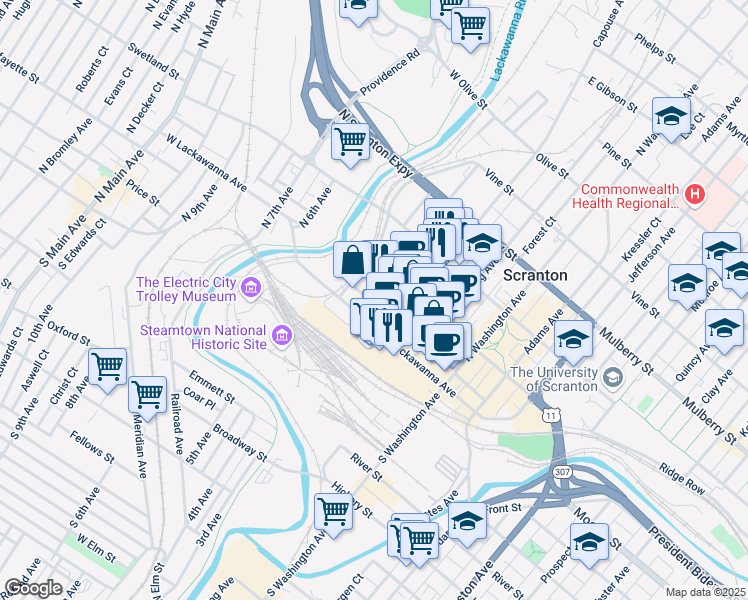 map of restaurants, bars, coffee shops, grocery stores, and more near 111 Penn Avenue in Scranton