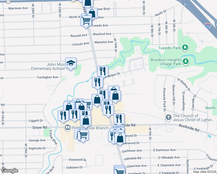 map of restaurants, bars, coffee shops, grocery stores, and more near 1150 Omalley Drive in Parma