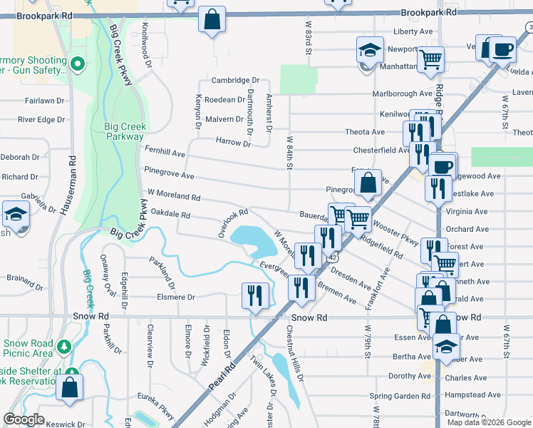 map of restaurants, bars, coffee shops, grocery stores, and more near 8711 West Moreland Road in Parma