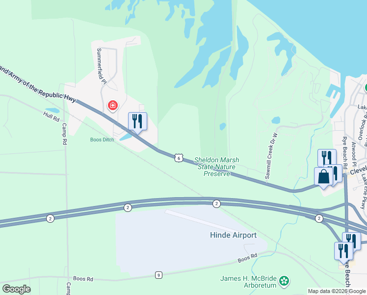 map of restaurants, bars, coffee shops, grocery stores, and more near 2910 Cleveland Road East in Huron