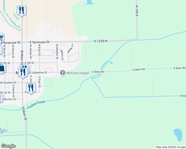 map of restaurants, bars, coffee shops, grocery stores, and more near 513 East Beer Road in Milford
