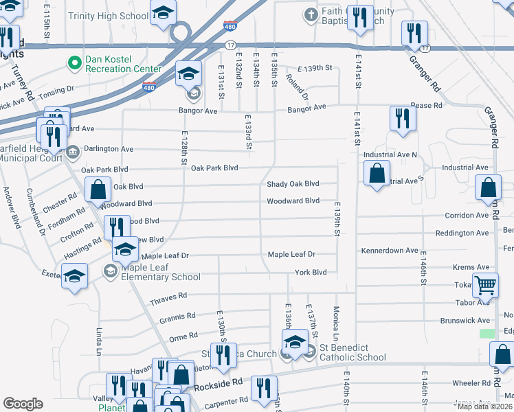 map of restaurants, bars, coffee shops, grocery stores, and more near 13406 Woodward Boulevard in Garfield Heights
