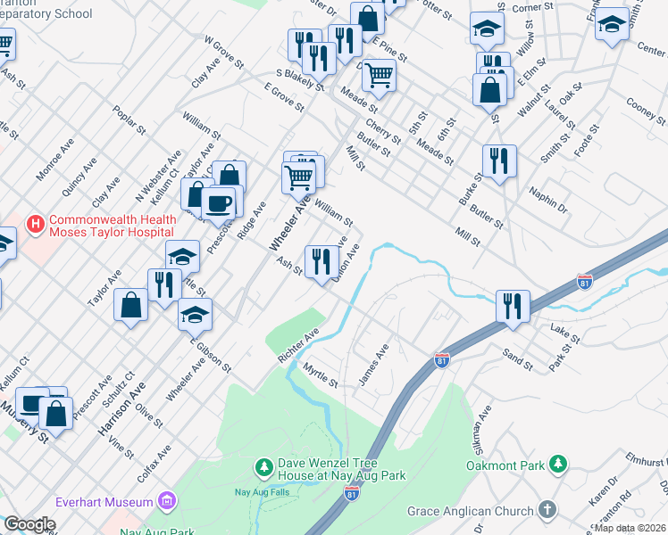 map of restaurants, bars, coffee shops, grocery stores, and more near 1000-1098 Union Ave in Scranton