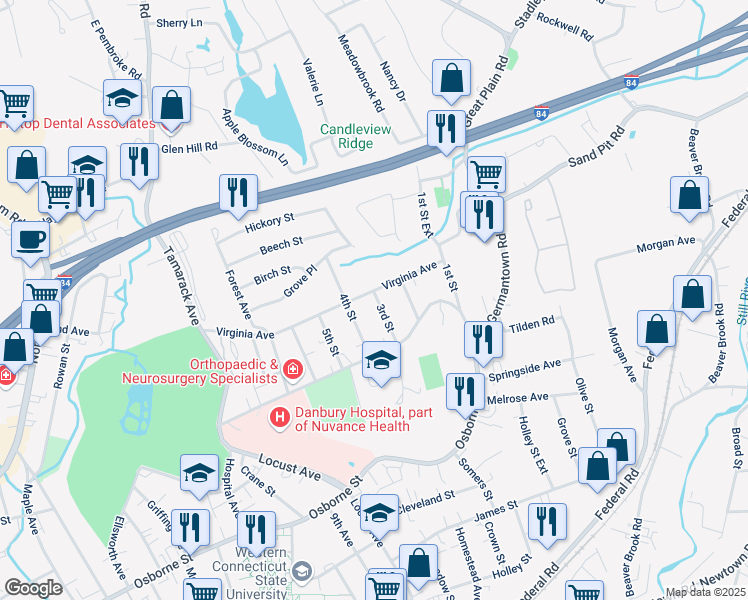 map of restaurants, bars, coffee shops, grocery stores, and more near 9 4th Street in Danbury