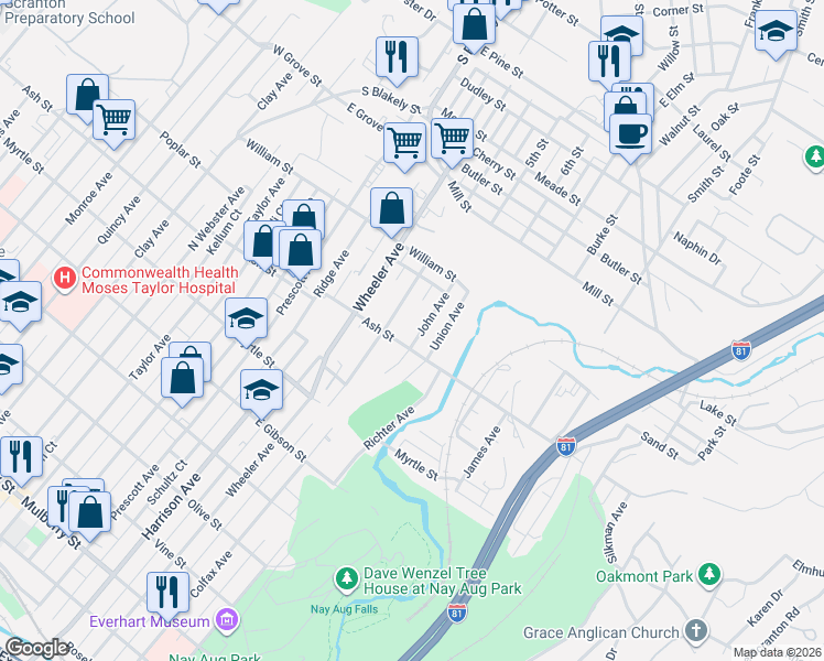 map of restaurants, bars, coffee shops, grocery stores, and more near 1818 Ash St in Scranton