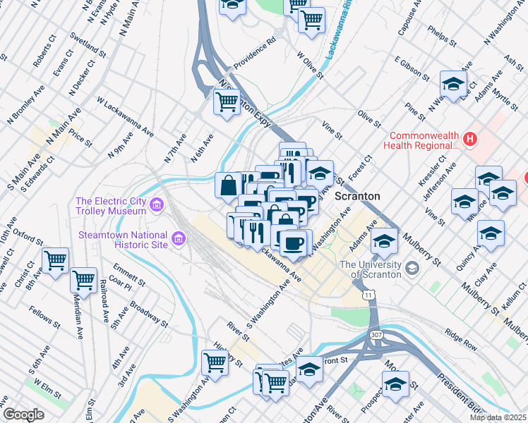 map of restaurants, bars, coffee shops, grocery stores, and more near 111 Penn Avenue in Scranton