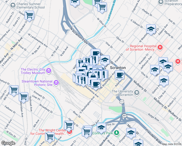 map of restaurants, bars, coffee shops, grocery stores, and more near 206-208 Penn Avenue in Scranton