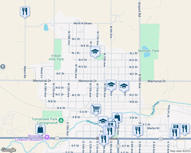 map of restaurants, bars, coffee shops, grocery stores, and more near 1150-1198 Memorial Drive in Broken Bow