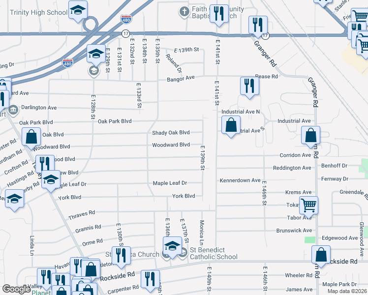 map of restaurants, bars, coffee shops, grocery stores, and more near 13900 Eastwood Boulevard in Garfield Heights