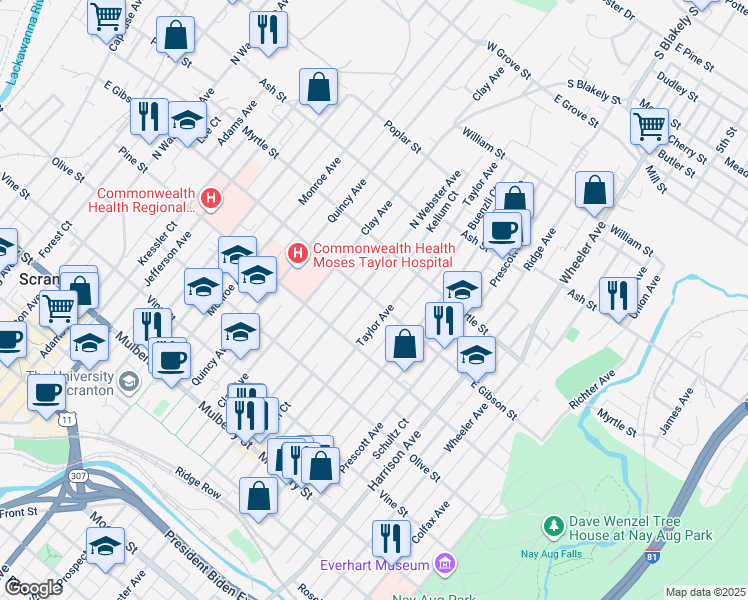 map of restaurants, bars, coffee shops, grocery stores, and more near 800 Kellum Court in Scranton