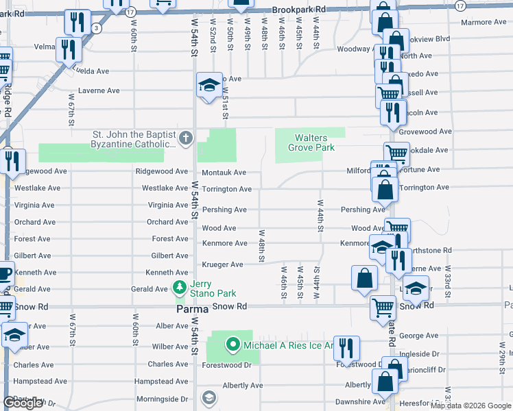 map of restaurants, bars, coffee shops, grocery stores, and more near 4718 Wood Avenue in Parma