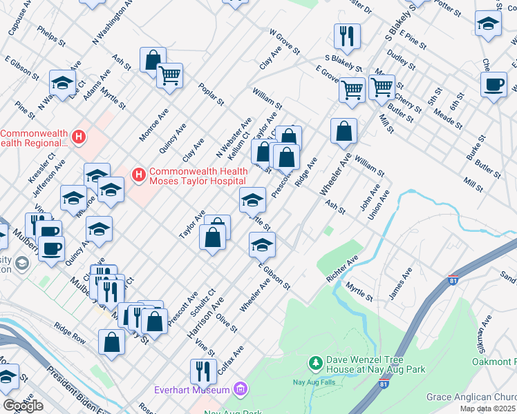 map of restaurants, bars, coffee shops, grocery stores, and more near 913 Prescott Avenue in Scranton