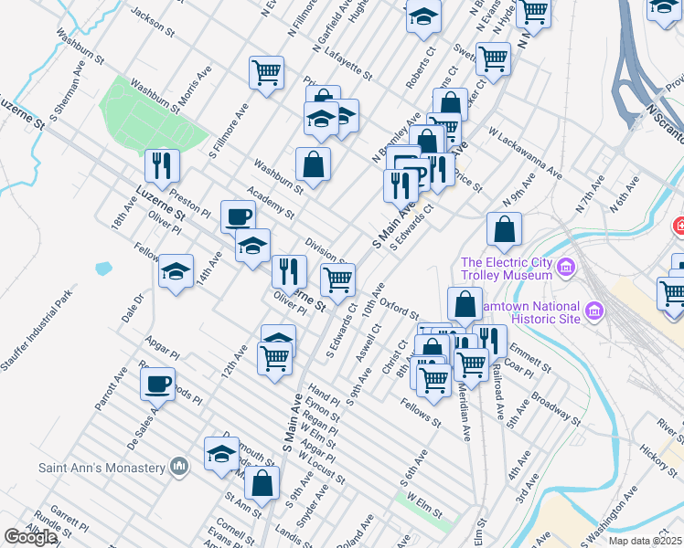 map of restaurants, bars, coffee shops, grocery stores, and more near 330 South Main Avenue in Scranton