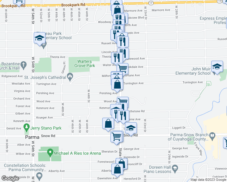 map of restaurants, bars, coffee shops, grocery stores, and more near 3710 Pershing Avenue in Parma