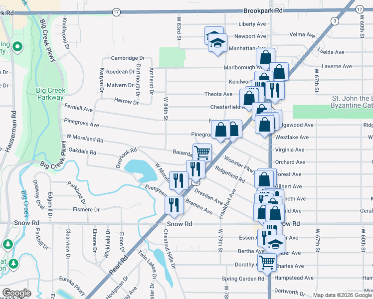 map of restaurants, bars, coffee shops, grocery stores, and more near 8111 Bauerdale Avenue in Parma