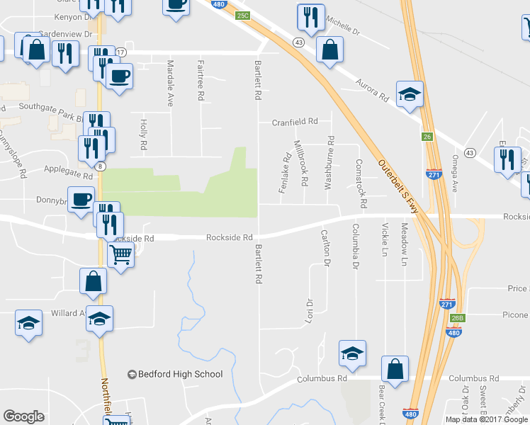 map of restaurants, bars, coffee shops, grocery stores, and more near 5517 Bartlett Road in Bedford Heights