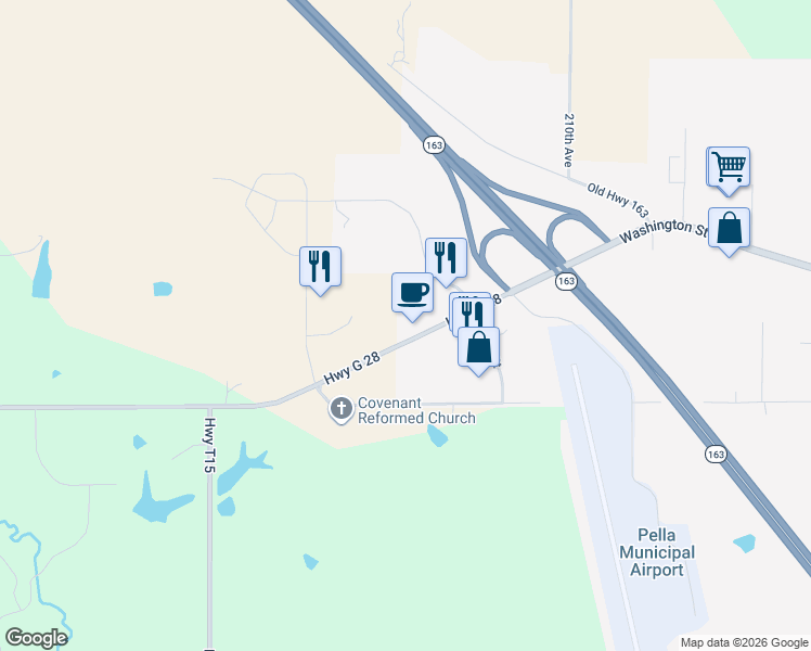 map of restaurants, bars, coffee shops, grocery stores, and more near 2605 Washington Street in Pella
