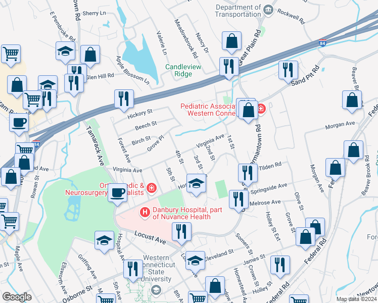 map of restaurants, bars, coffee shops, grocery stores, and more near 9 4th Street in Danbury
