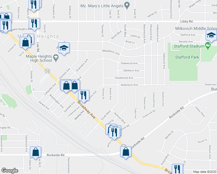 map of restaurants, bars, coffee shops, grocery stores, and more near 5601 Kenton Avenue in Maple Heights