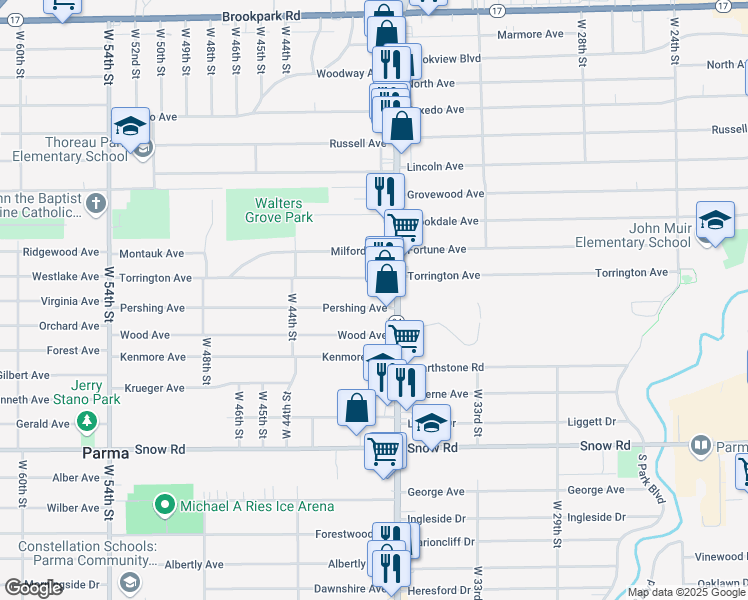 map of restaurants, bars, coffee shops, grocery stores, and more near 5618 State Road in Parma