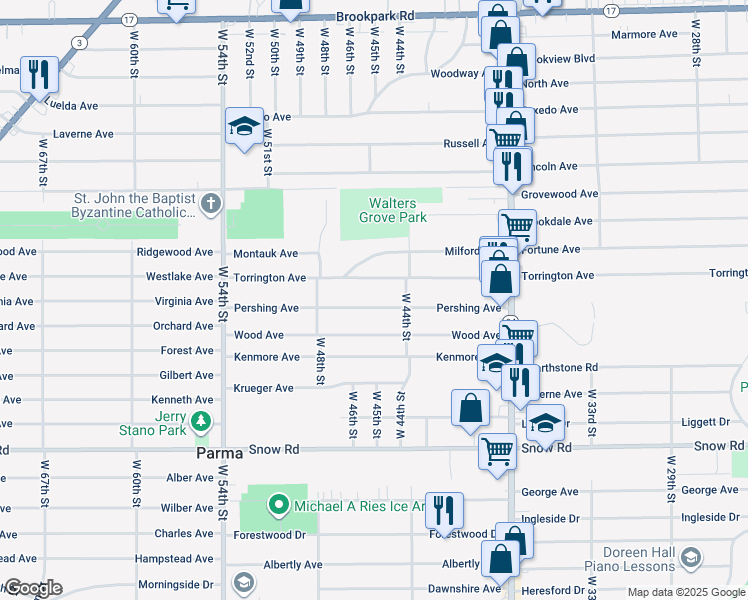 map of restaurants, bars, coffee shops, grocery stores, and more near 4534 Wood Avenue in Parma