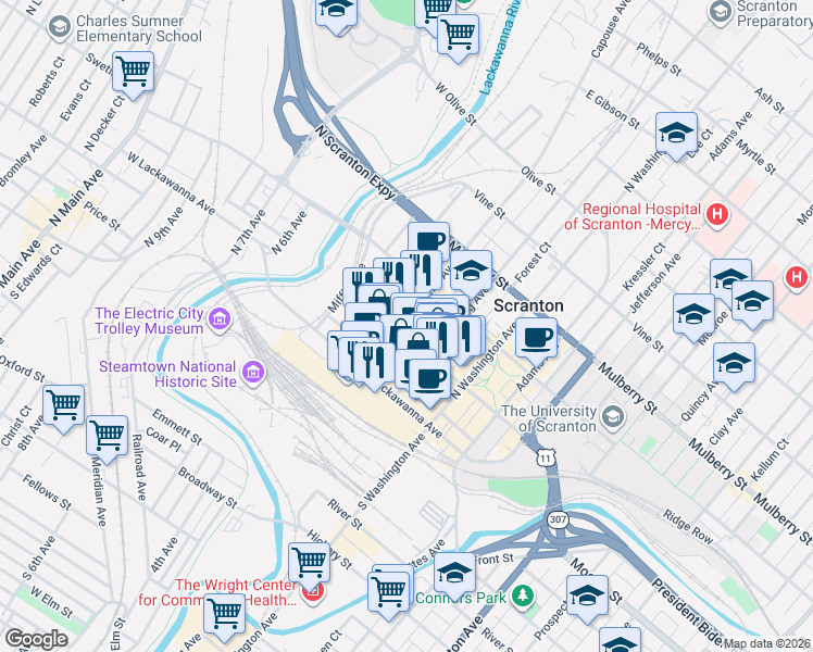 map of restaurants, bars, coffee shops, grocery stores, and more near 206-208 Penn Avenue in Scranton