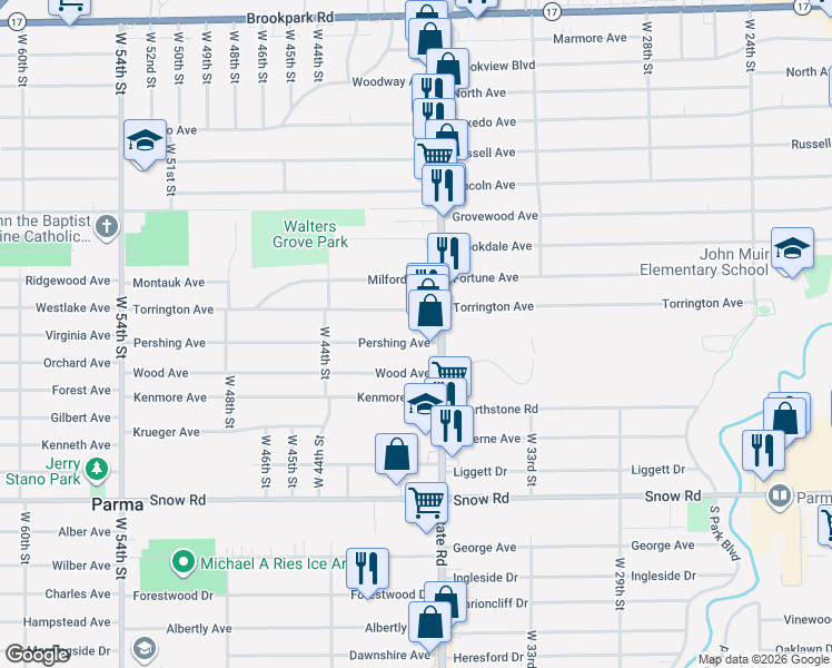 map of restaurants, bars, coffee shops, grocery stores, and more near 5618 State Road in Parma