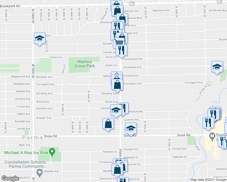 map of restaurants, bars, coffee shops, grocery stores, and more near 3712 Pershing Avenue in Parma