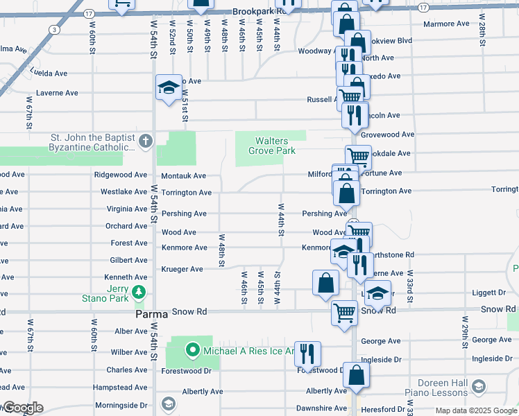 map of restaurants, bars, coffee shops, grocery stores, and more near 4534 Wood Avenue in Parma