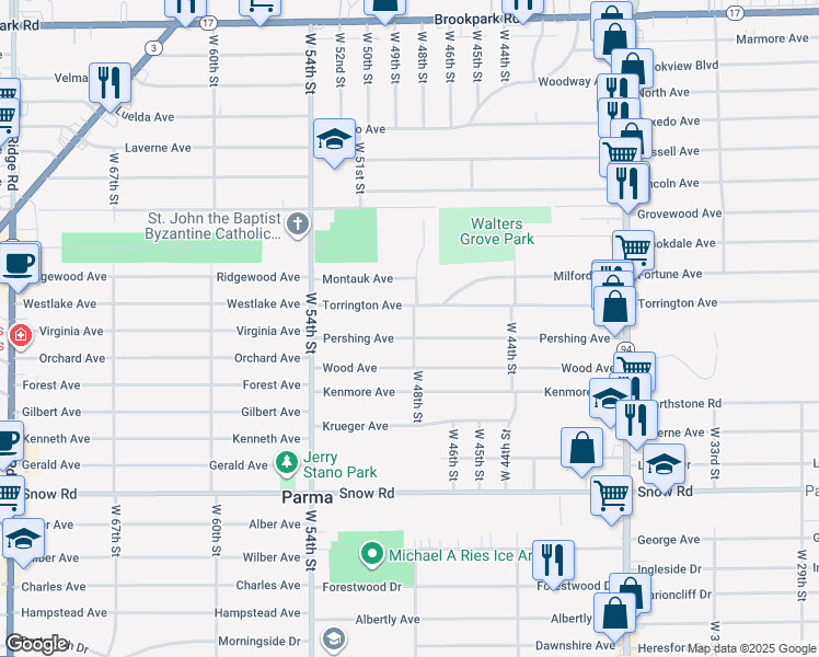 map of restaurants, bars, coffee shops, grocery stores, and more near 4804 Pershing Avenue in Cleveland