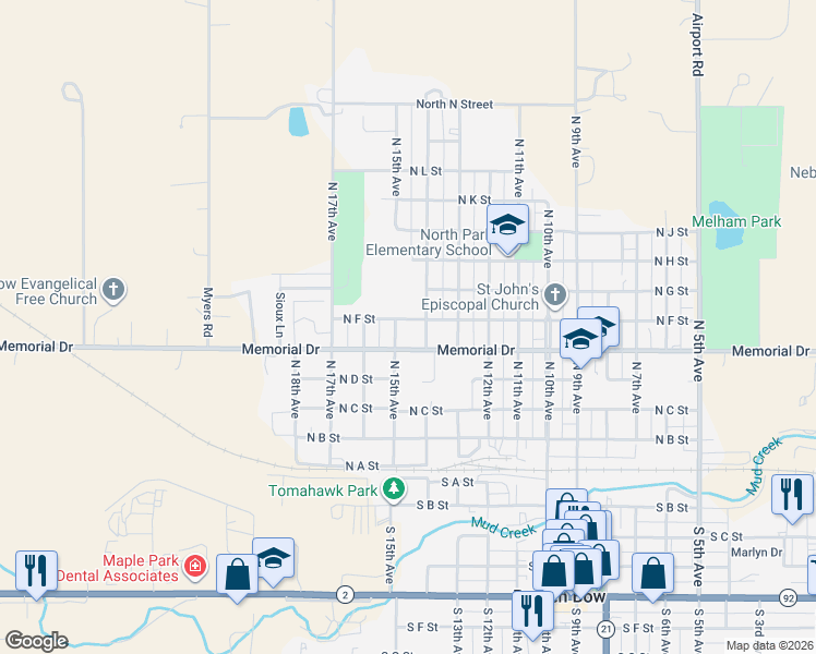 map of restaurants, bars, coffee shops, grocery stores, and more near 1400 North E Street in Broken Bow