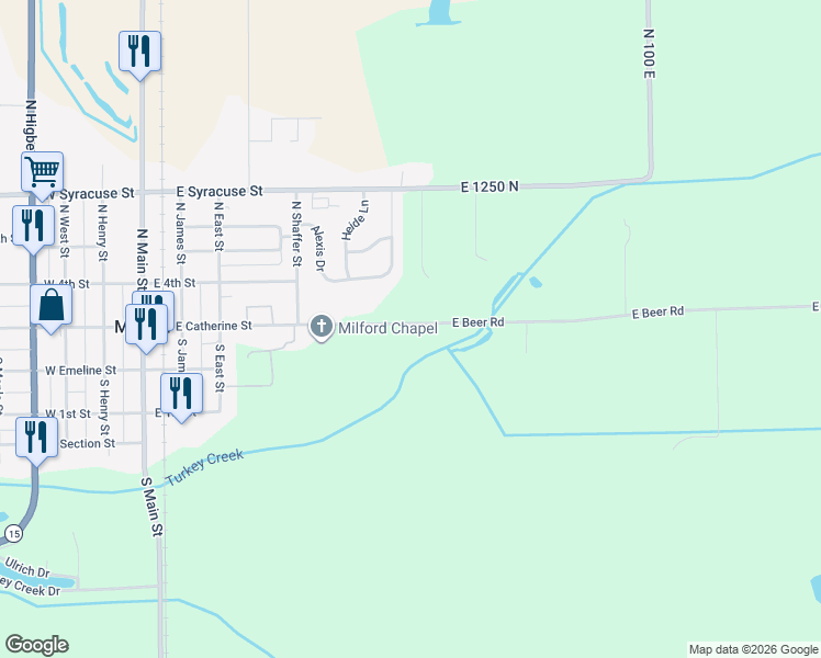 map of restaurants, bars, coffee shops, grocery stores, and more near 513 East Beer Road in Milford