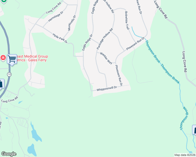 map of restaurants, bars, coffee shops, grocery stores, and more near 64 Partridge Hollow Road in Ledyard