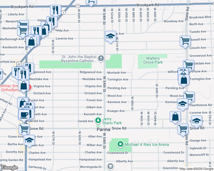 map of restaurants, bars, coffee shops, grocery stores, and more near 5606 West 54th Street in Parma