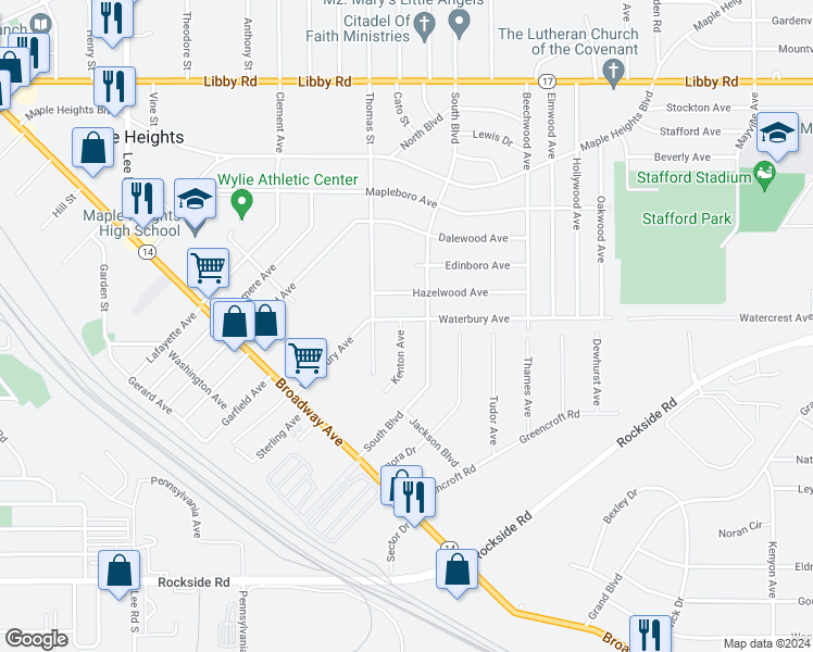 map of restaurants, bars, coffee shops, grocery stores, and more near 17814 Waterbury Avenue in Maple Heights